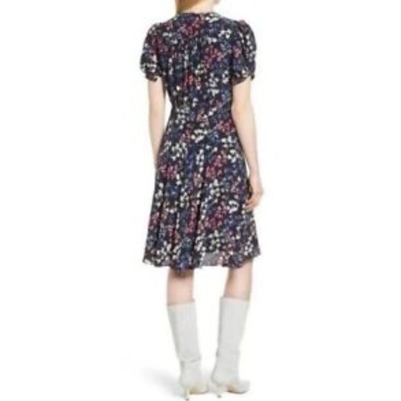 Lewit Dress 100% Silk Floral Garden A Line Navy Flounce Keyhole Cocktail Dress 6 - Picture 4 of 15